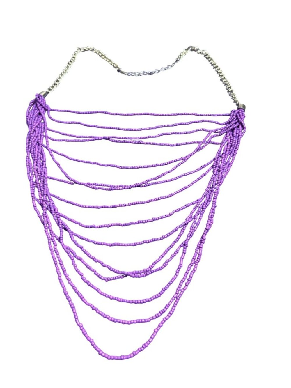 Bright Purple Glass Seed Bead Bib Necklace Multi Strand Lobster Clasp